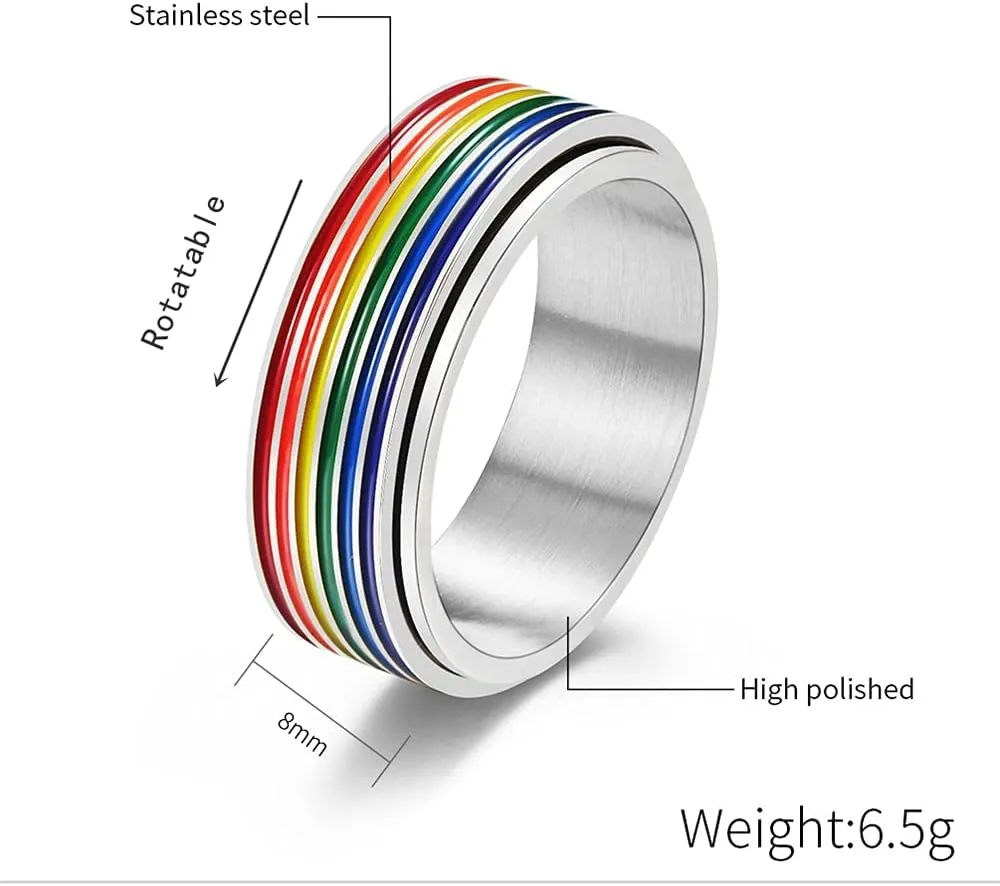 Rotatable Rainbow Stripe LGBT Pride Band Ring for Women Men Teens Couples Bff Anti Anxiety Stress Relief Fidget Spinner Ring Stainless Steel Statement Relationship Knuckle Ring Boyfriend Girlfriend Xmas New Year Party Gifts