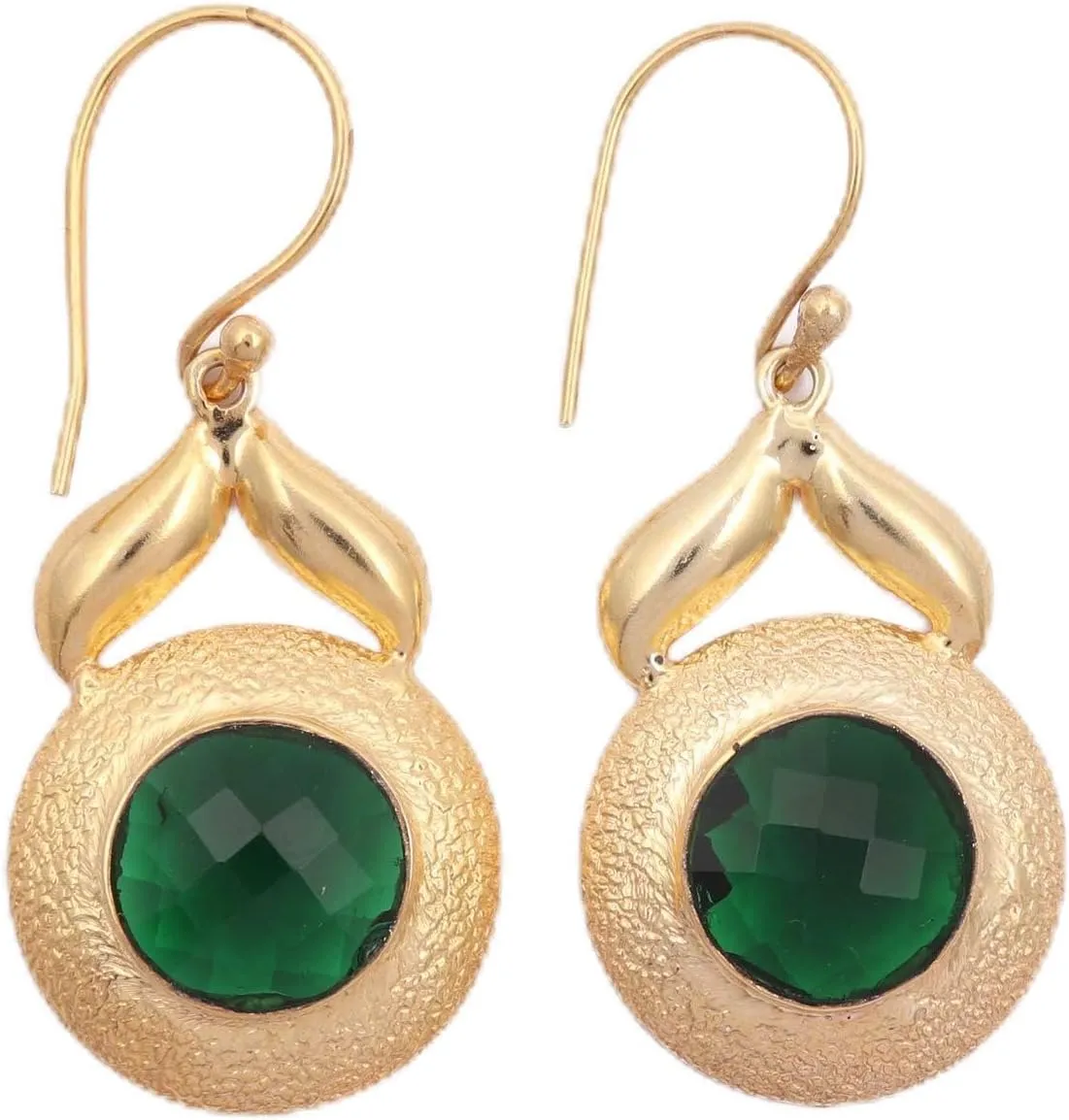 Round Shape Green Emerald Hydro Designer Gemstone Brass Gold Plated Handmade Design Dangle Earrings