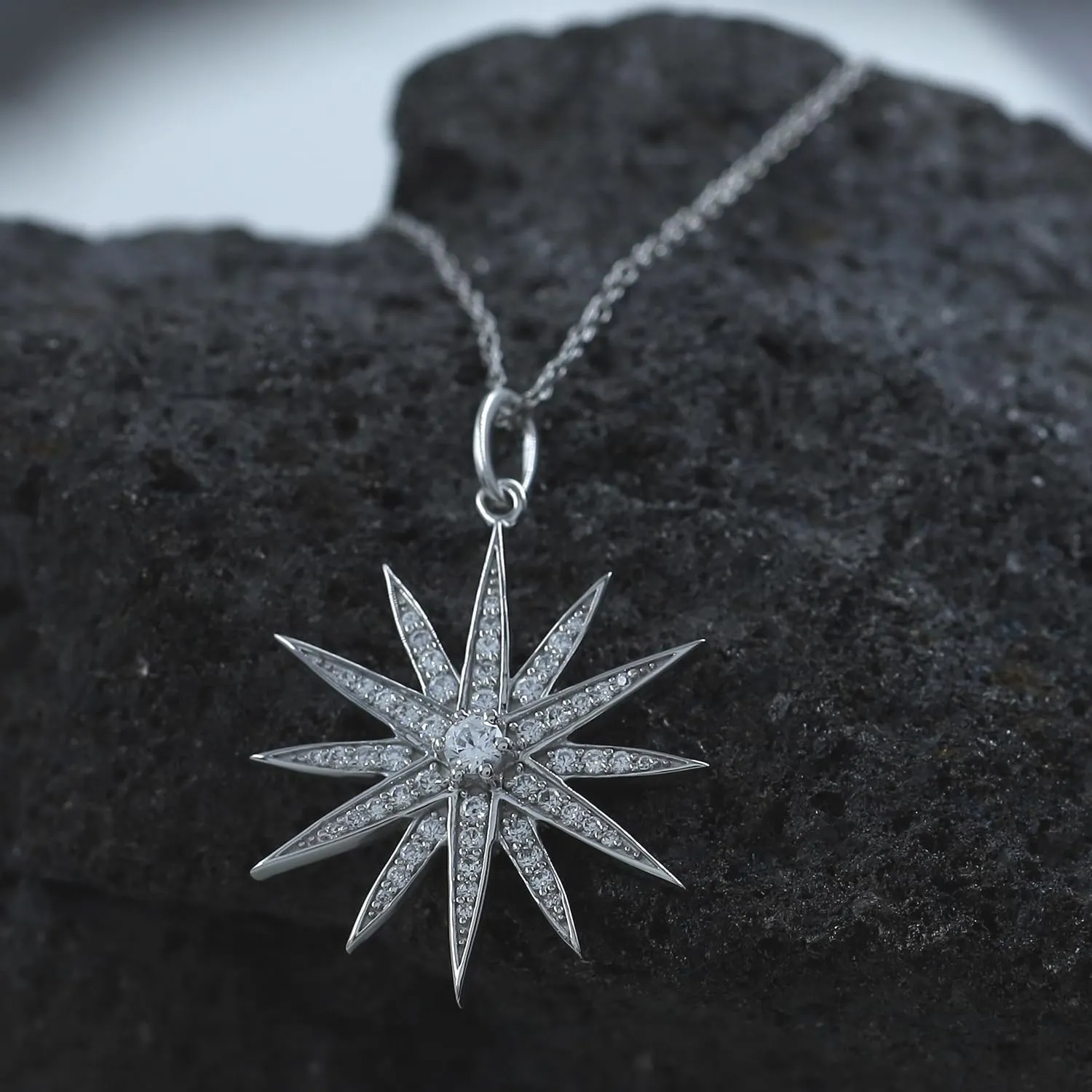 Round White Cubic Zirconia & 0.40 Cttw Lab Created Moissanite Starburst Pendant Necklace for Women in 14k Gold Plated Sterling Silver 18" Silver Chain Gift for Her, Christmas gift