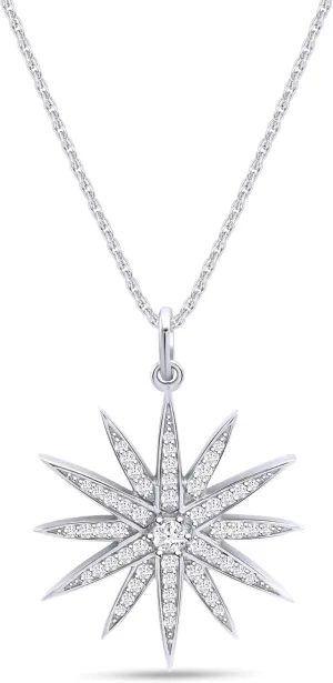 Round White Cubic Zirconia & 0.40 Cttw Lab Created Moissanite Starburst Pendant Necklace for Women in 14k Gold Plated Sterling Silver 18" Silver Chain Gift for Her, Christmas gift