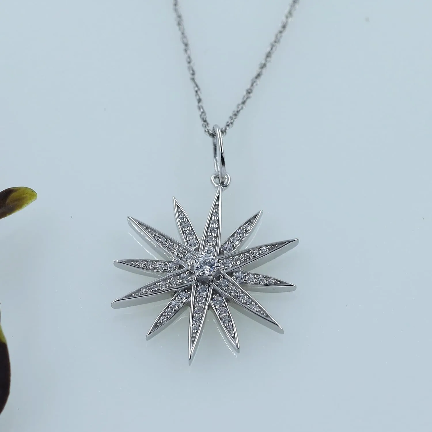 Round White Cubic Zirconia & 0.40 Cttw Lab Created Moissanite Starburst Pendant Necklace for Women in 14k Gold Plated Sterling Silver 18" Silver Chain Gift for Her, Christmas gift