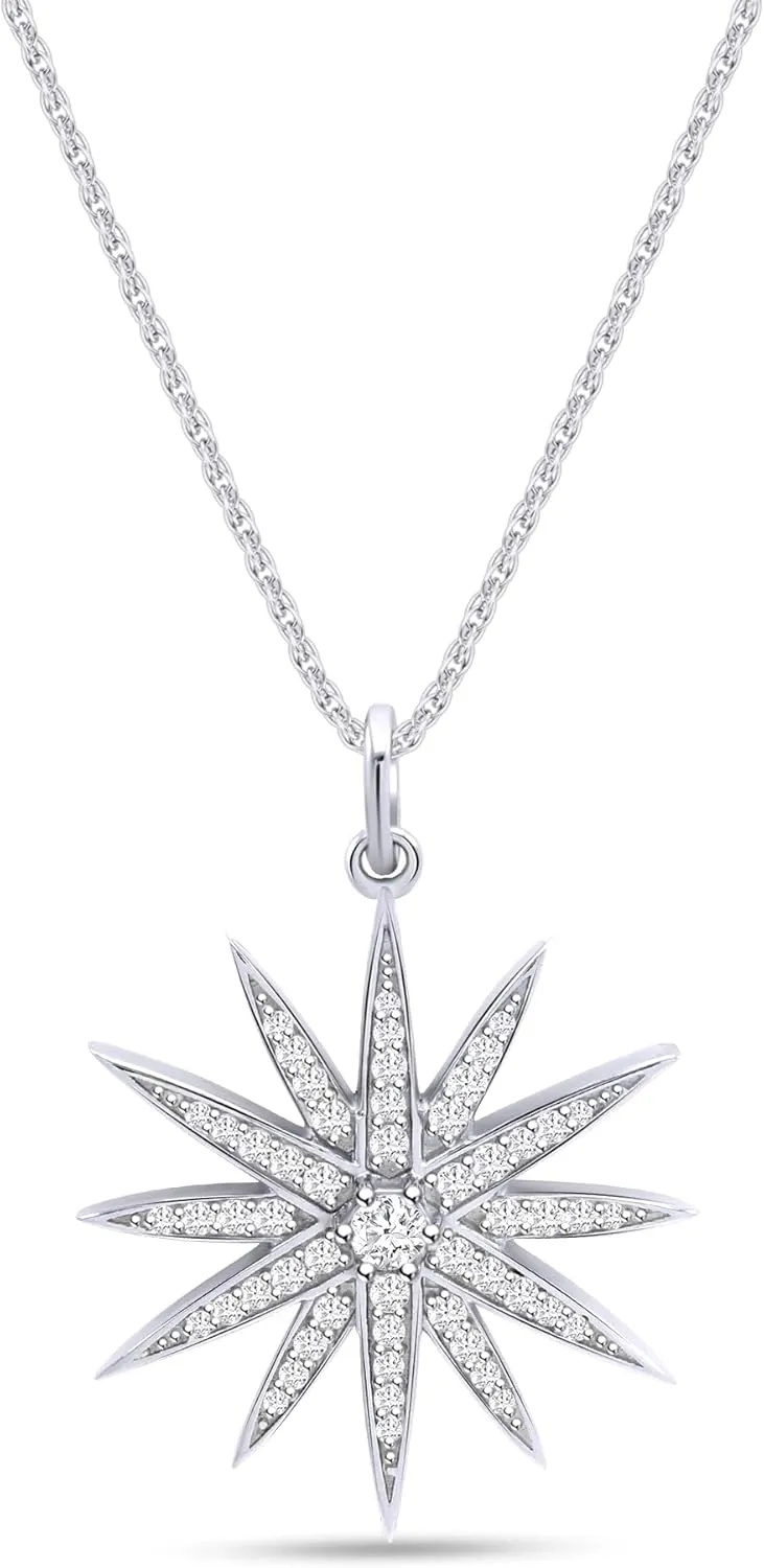 Round White Cubic Zirconia & 0.40 Cttw Lab Created Moissanite Starburst Pendant Necklace for Women in 14k Gold Plated Sterling Silver 18" Silver Chain Gift for Her, Christmas gift