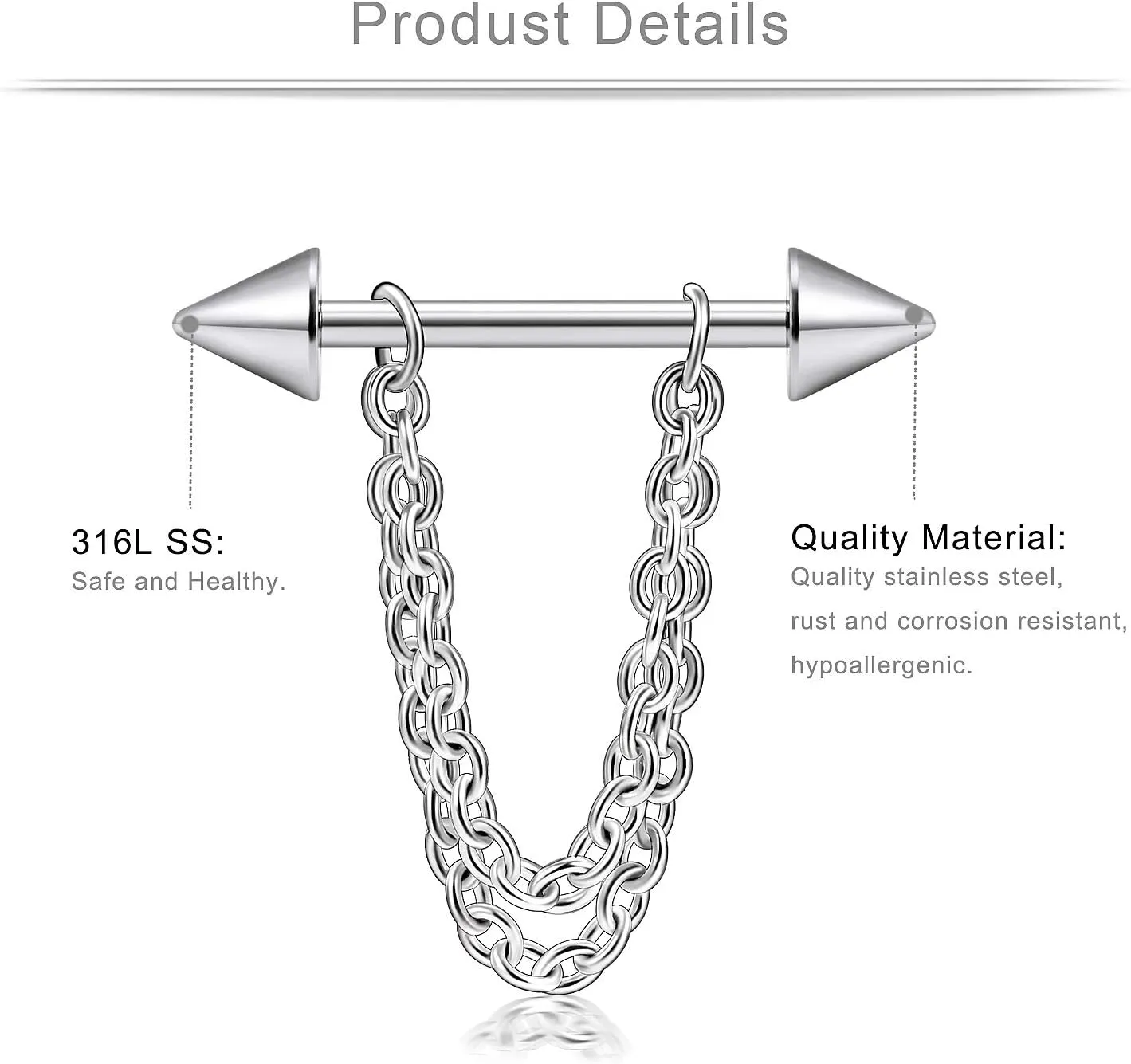 Ruifan Surgical Steel Nipple Shield Rings Tongue Barbell Piercing Jewelry Retainer 14G 5/8Inch Chain Dangle Clear CZ for Women Men 2-20PCS