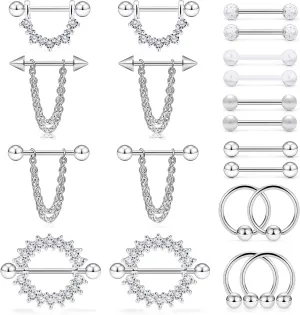 Ruifan Surgical Steel Nipple Shield Rings Tongue Barbell Piercing Jewelry Retainer 14G 5/8Inch Chain Dangle Clear CZ for Women Men 2-20PCS