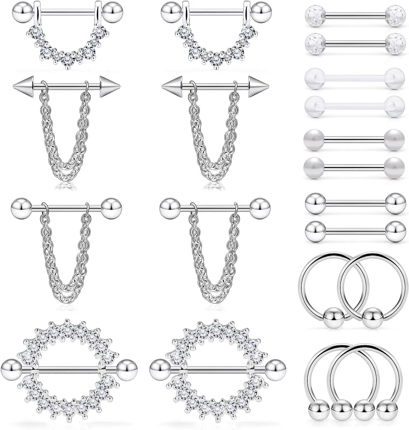 Ruifan Surgical Steel Nipple Shield Rings Tongue Barbell Piercing Jewelry Retainer 14G 5/8Inch Chain Dangle Clear CZ for Women Men 2-20PCS