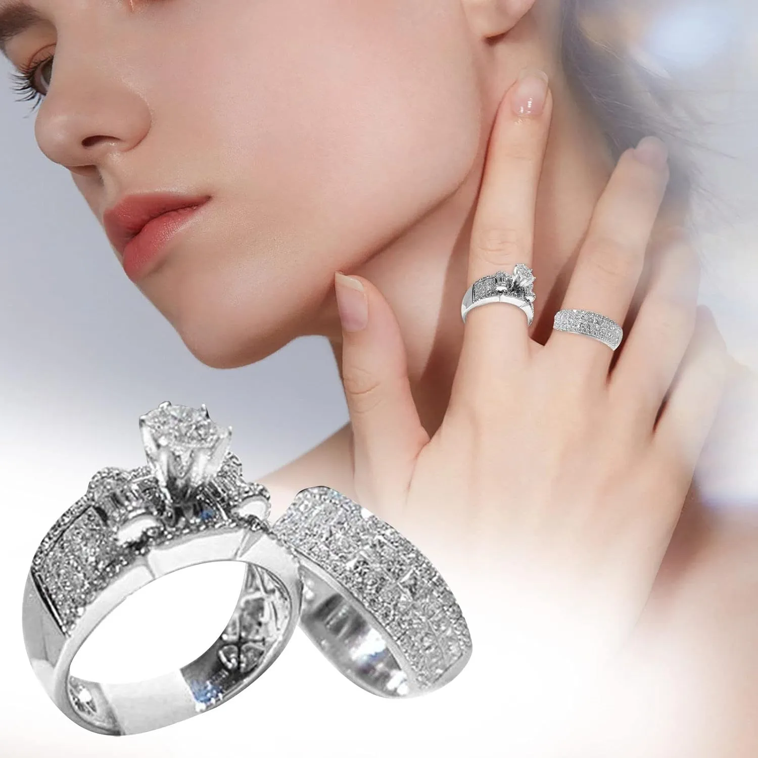S925 Silver Heart Design, Women's Classic Engagement Ring, Love Matching Wedding Couple Rings for Him and Her Set