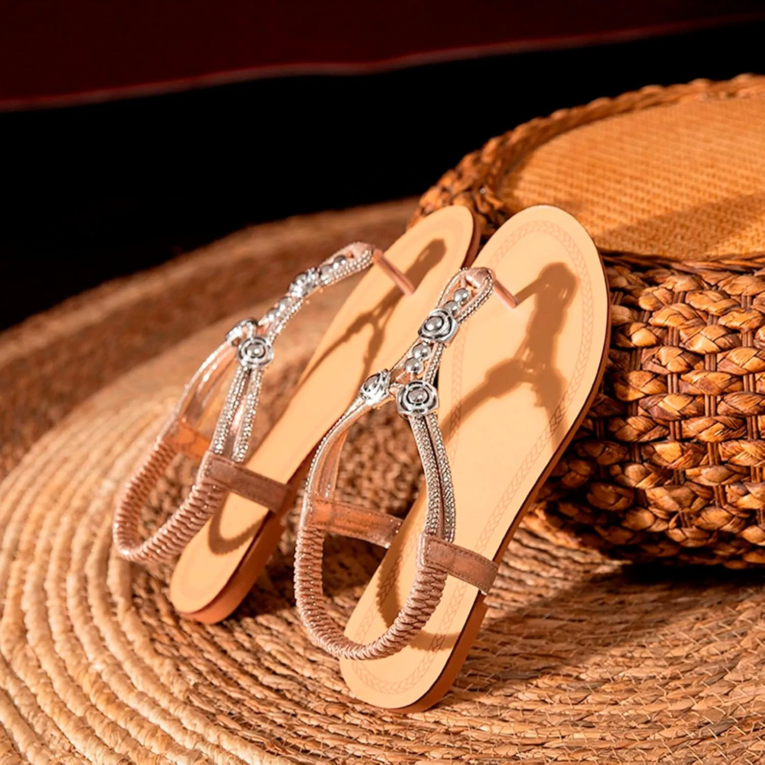 Sandals Women Arch Support Flip Flops Sandals Summer Bohemian Flat Sandal Elastic Strap Dressy Vacation Shoes
