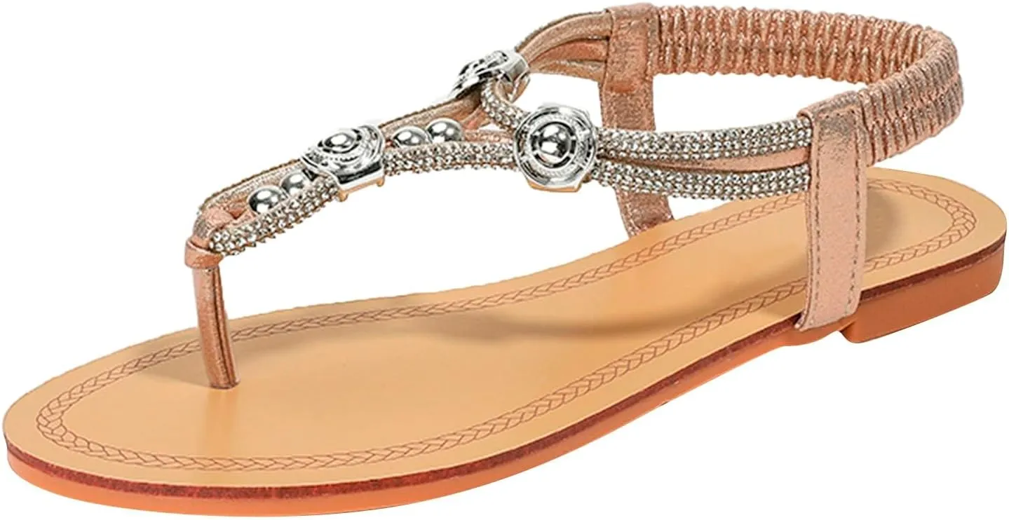 Sandals Women Arch Support Flip Flops Sandals Summer Bohemian Flat Sandal Elastic Strap Dressy Vacation Shoes