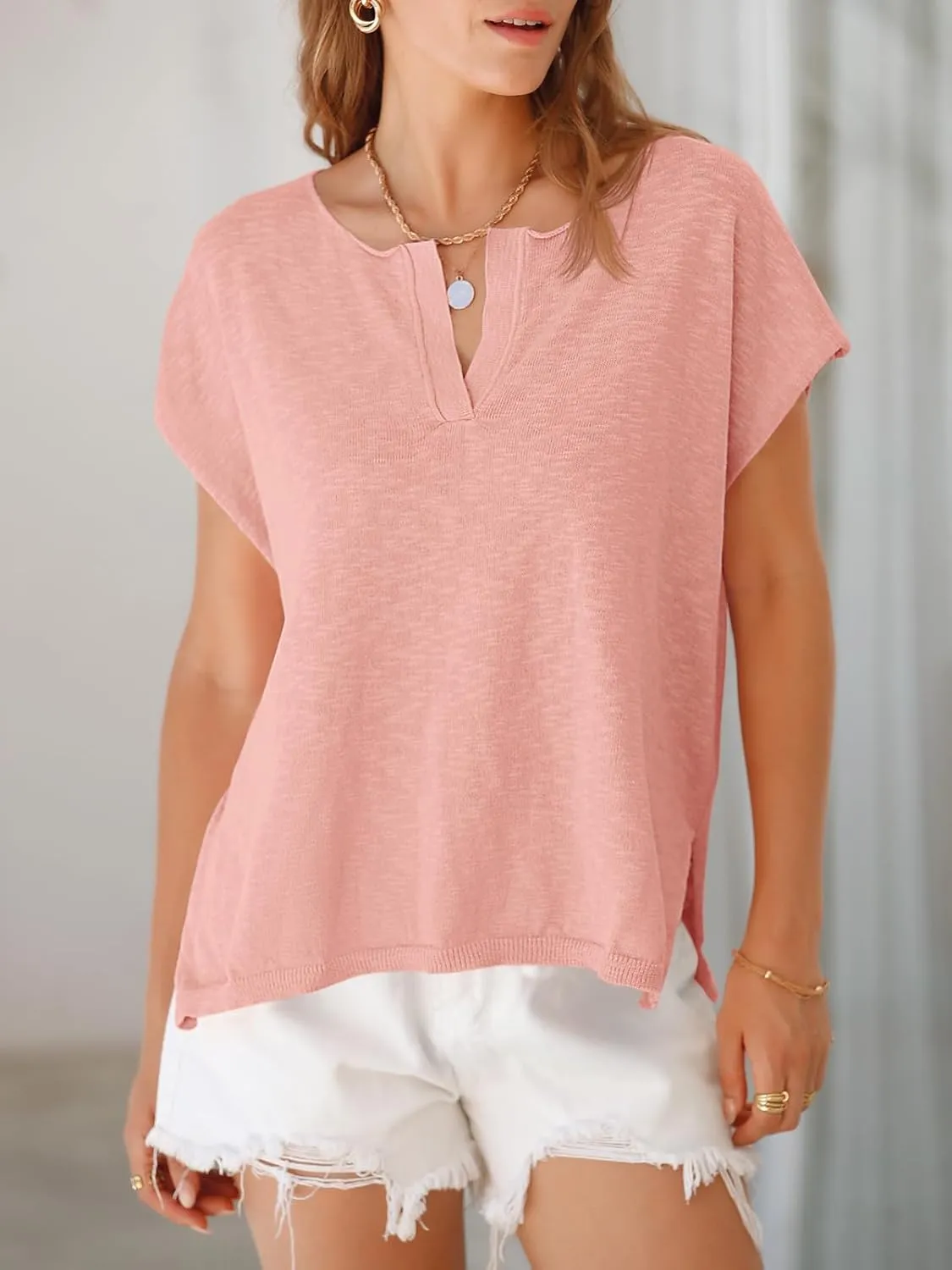 Saodimallsu Womens V Neck Cap Sleeve Sweater Tops Summer Casual Loose Fit Side Split Basic Clothes Shirts