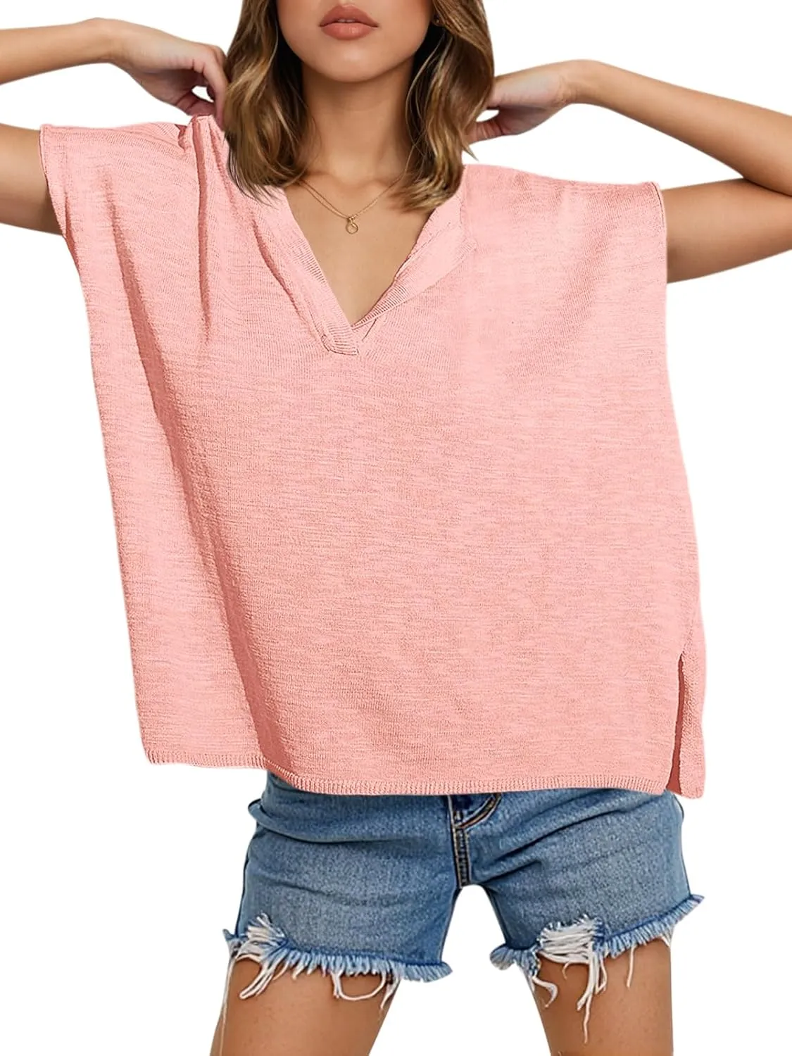 Saodimallsu Womens V Neck Cap Sleeve Sweater Tops Summer Casual Loose Fit Side Split Basic Clothes Shirts