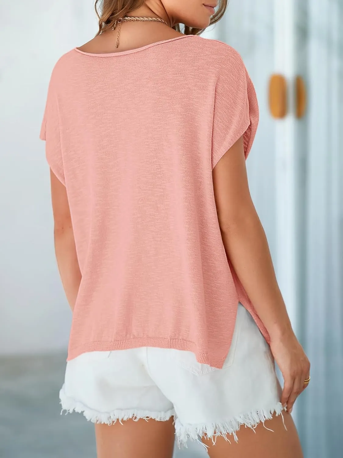 Saodimallsu Womens V Neck Cap Sleeve Sweater Tops Summer Casual Loose Fit Side Split Basic Clothes Shirts