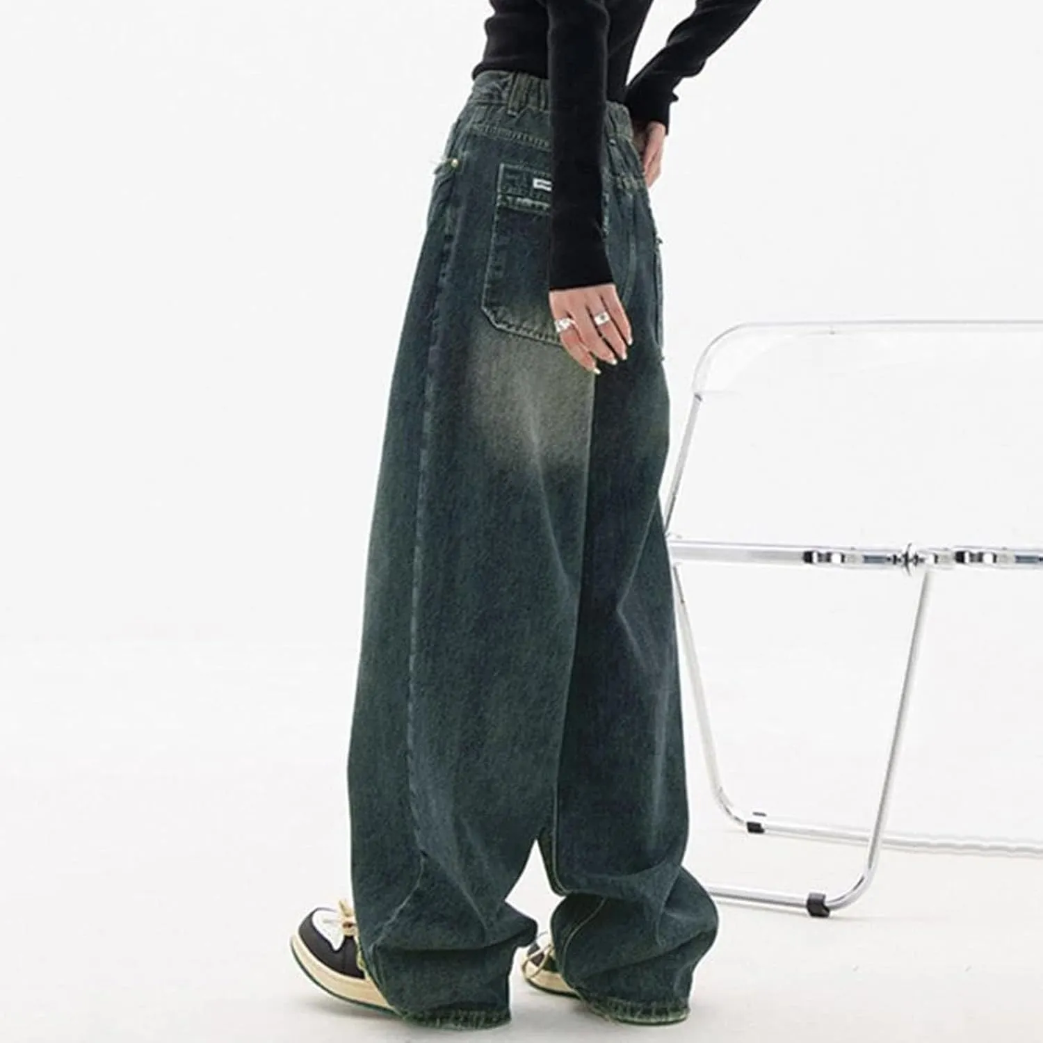 sdbrld Boyfriend Jeans for Women,Womens Baggy Mid Rise Jeans Wide Leg Loose Denim Harem Cropped Pant Vintage Barrel Jeans Y2k