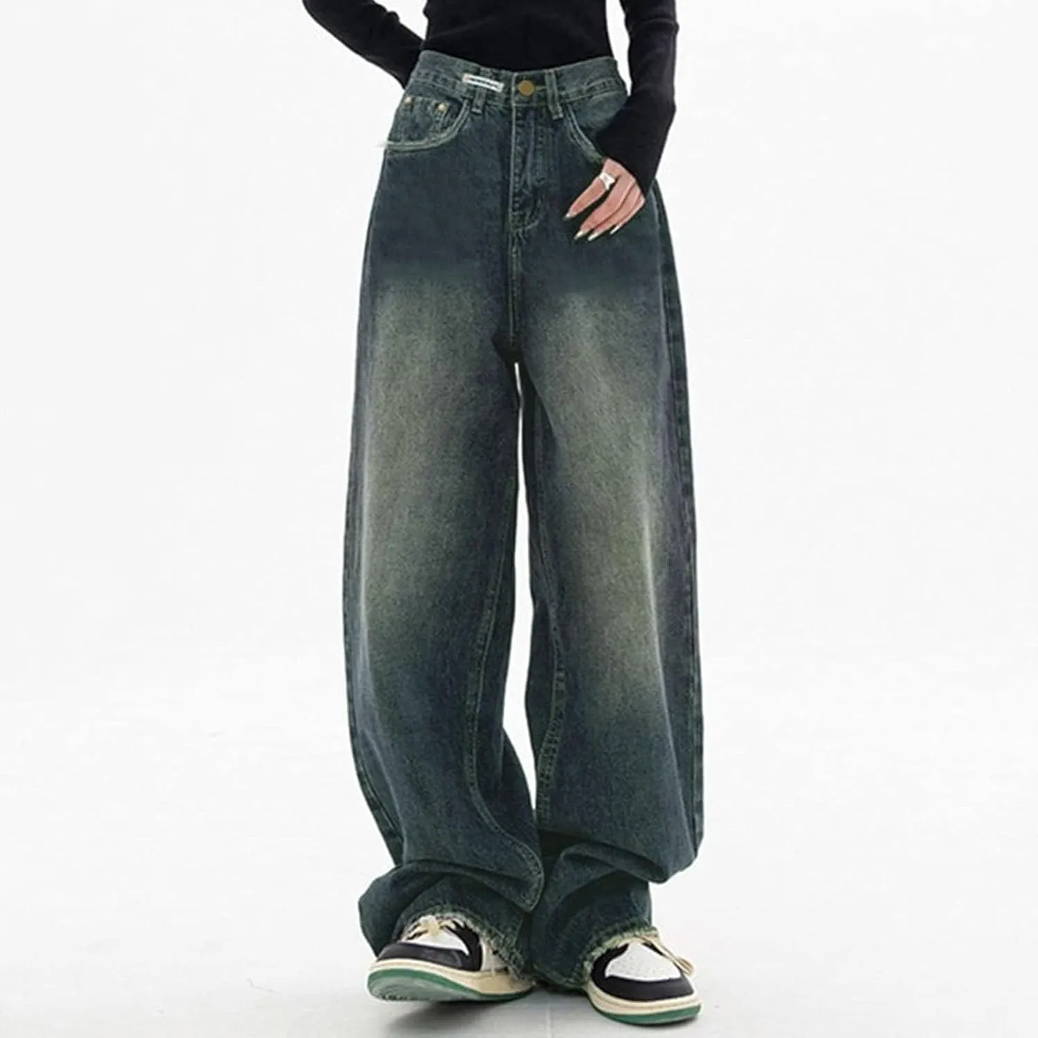 sdbrld Boyfriend Jeans for Women,Womens Baggy Mid Rise Jeans Wide Leg Loose Denim Harem Cropped Pant Vintage Barrel Jeans Y2k