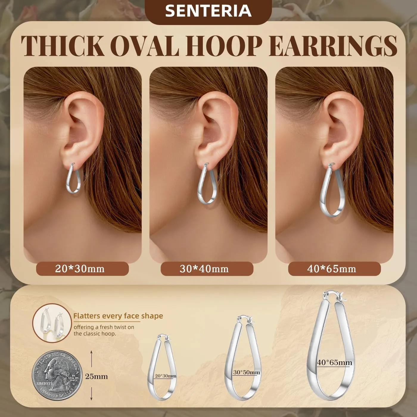 Senteria 5MM Wide Sterling Silver Hoop Earrings For Women Hypoallergenic Thick Silver Hoop Earrings Lightweight Oval Big Silver Hoop Earrings for Women 30/40/65MM