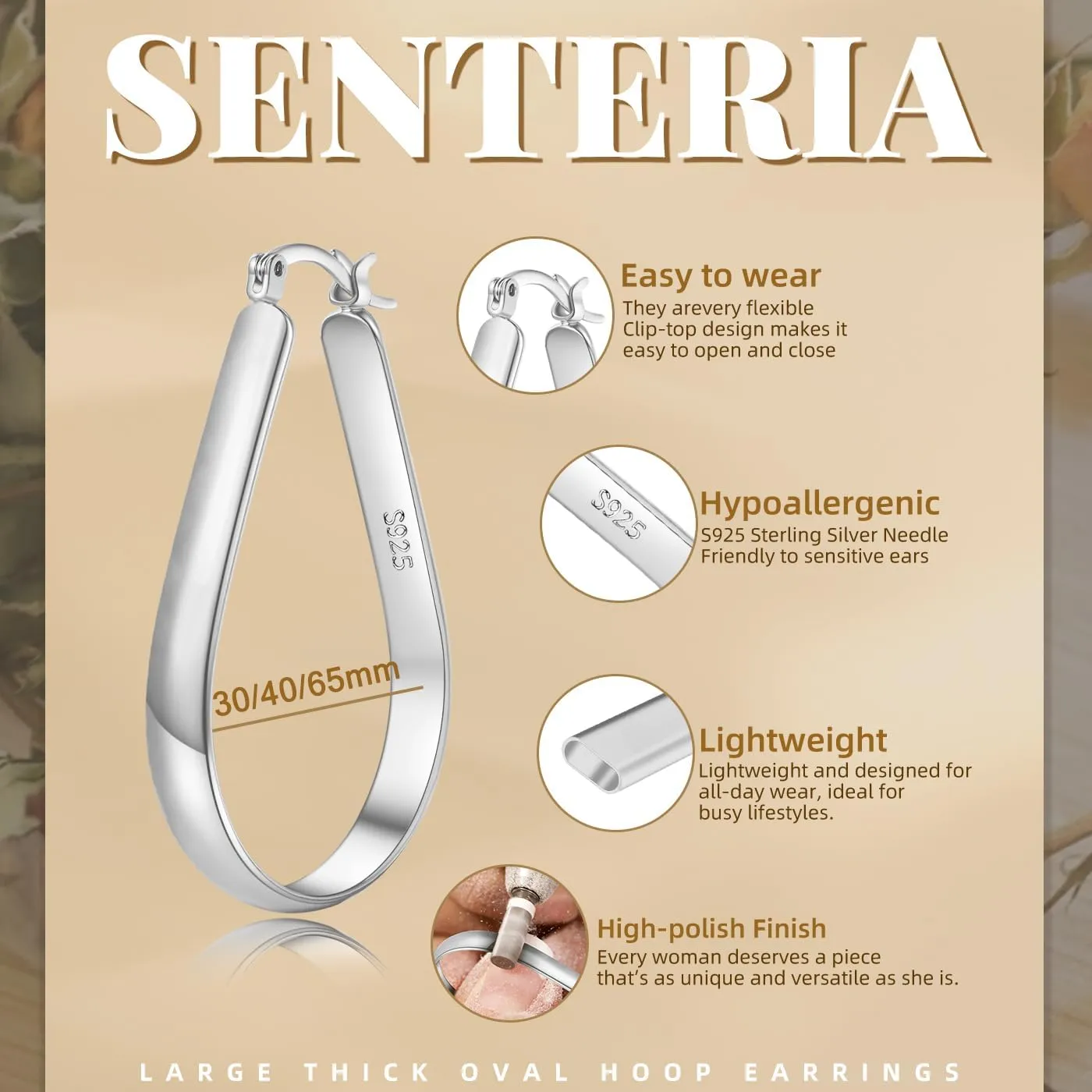 Senteria 5MM Wide Sterling Silver Hoop Earrings For Women Hypoallergenic Thick Silver Hoop Earrings Lightweight Oval Big Silver Hoop Earrings for Women 30/40/65MM