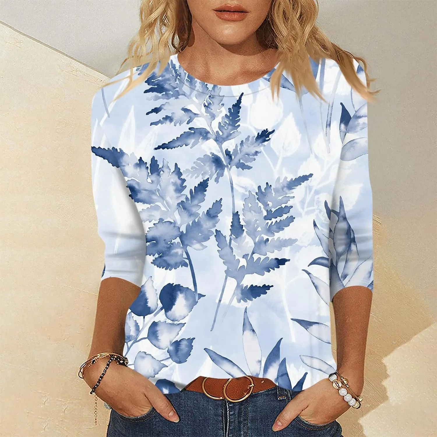 SERYU 3/4 Sleeve Tops for Women Round Neck Loose Casual Shirts Blouses Floral Print Tshirts