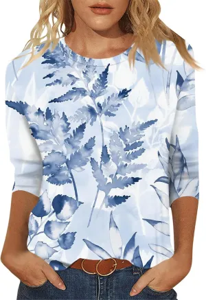 SERYU 3/4 Sleeve Tops for Women Round Neck Loose Casual Shirts Blouses Floral Print Tshirts
