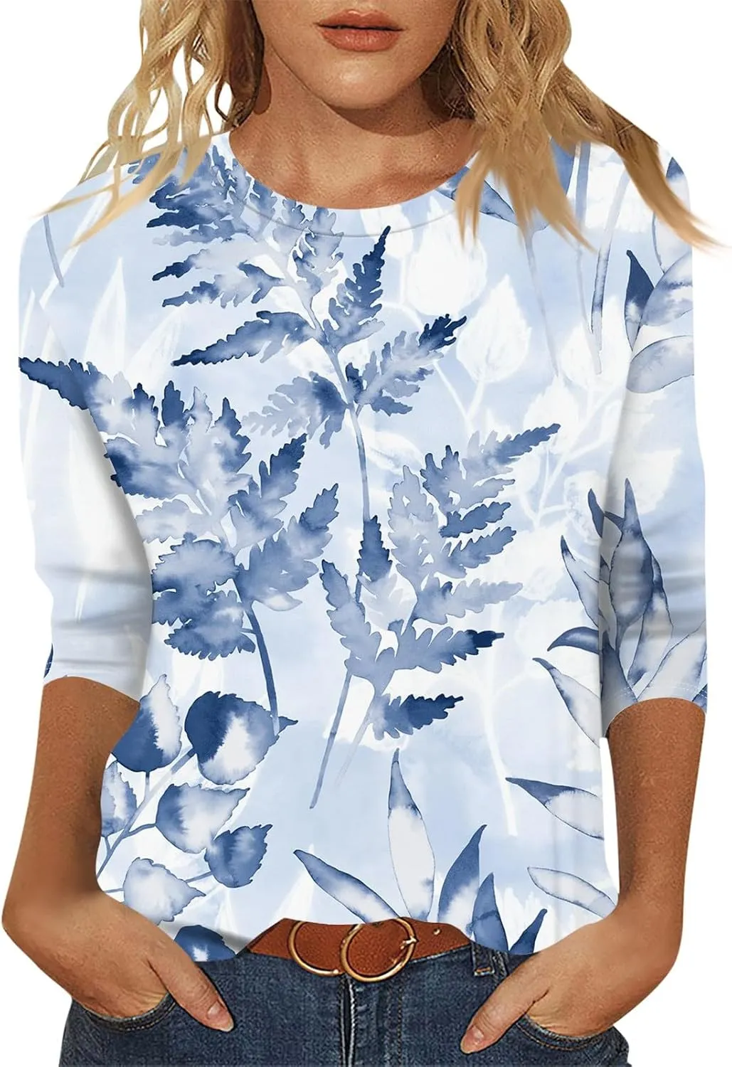 SERYU 3/4 Sleeve Tops for Women Round Neck Loose Casual Shirts Blouses Floral Print Tshirts