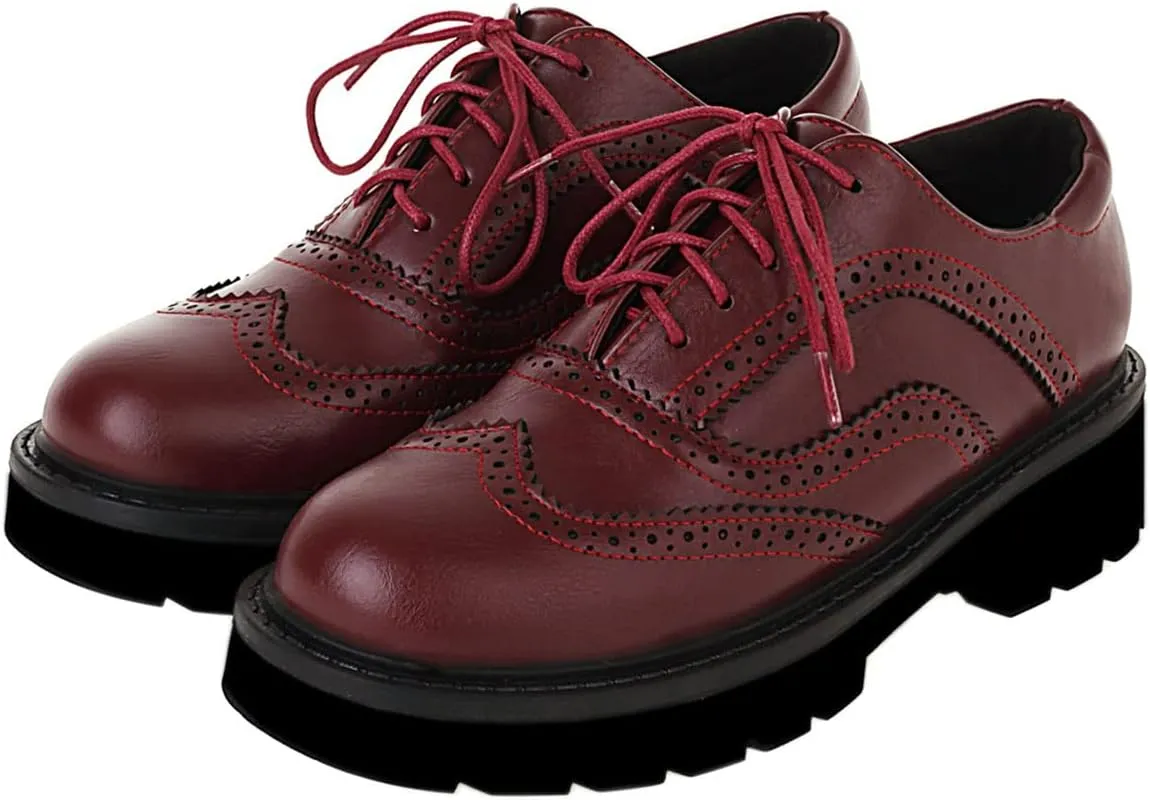SHEMEE Women's Platform Lace Up Wingtip Oxfords Pumps Flat Low Heels Vintage Round Toe Brogues Dress Shoes