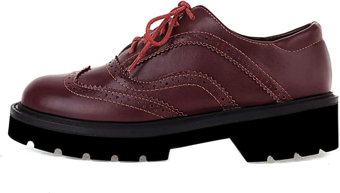 SHEMEE Women's Platform Lace Up Wingtip Oxfords Pumps Flat Low Heels Vintage Round Toe Brogues Dress Shoes