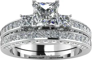 Silver 3-Stone Anniversary Ring Set for Women Wedding Engagement Princess Cut Birthstones Cubic Zirconia CZ Rings