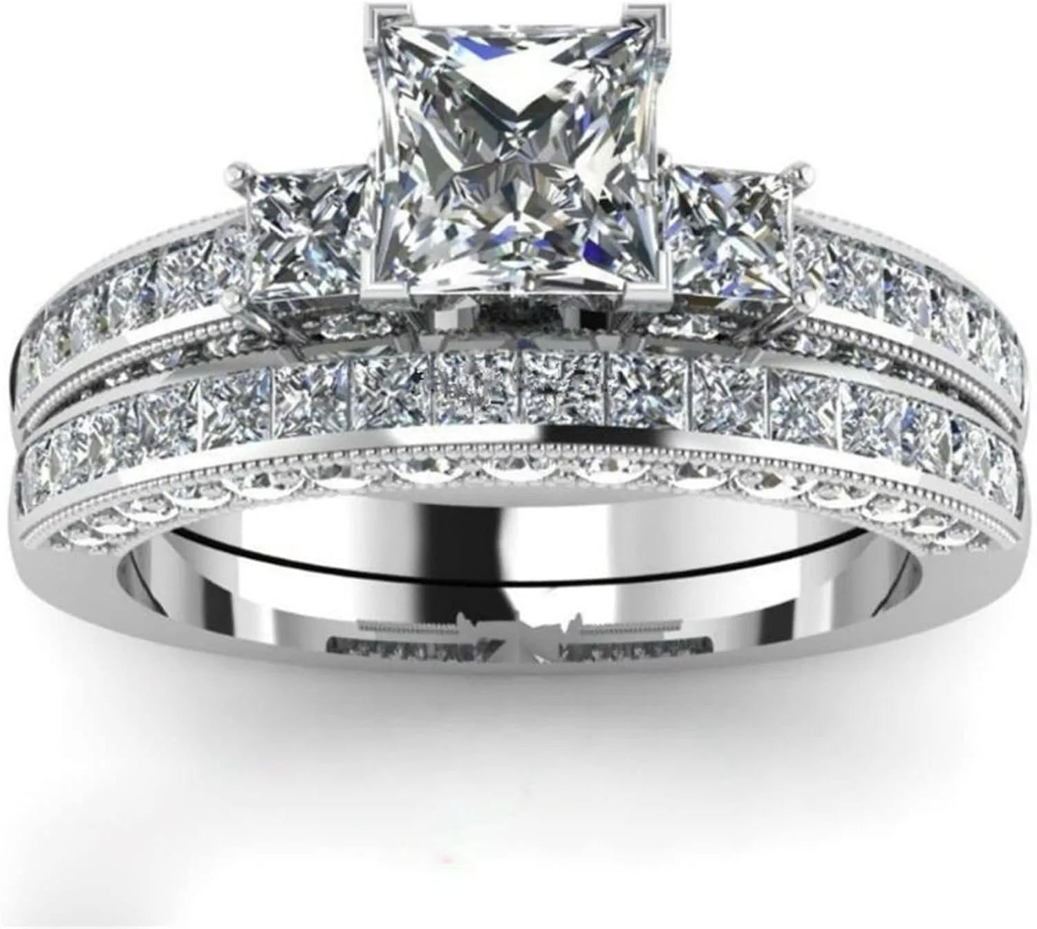 Silver 3-Stone Anniversary Ring Set for Women Wedding Engagement Princess Cut Birthstones Cubic Zirconia CZ Rings