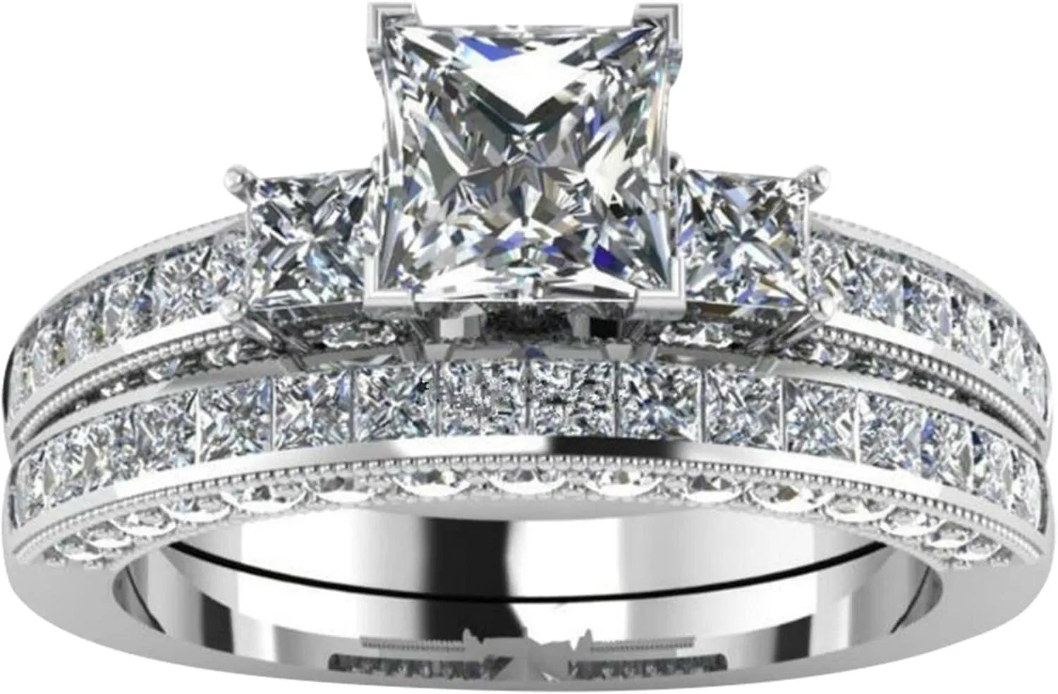 Silver 3-Stone Anniversary Ring Set for Women Wedding Engagement Princess Cut Birthstones Cubic Zirconia CZ Rings