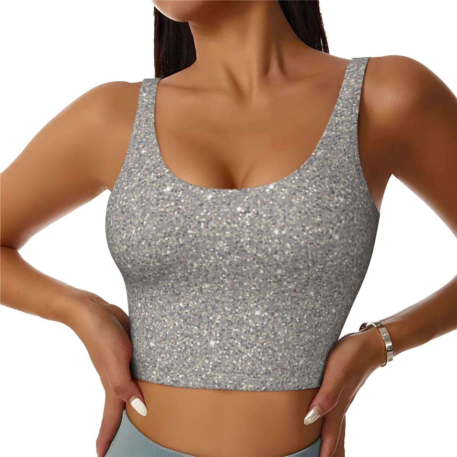 Silver Glitter Lightning Sports Bras for Women Workout Yoga Bra Crop Tops Tank Tops Athletic Tops