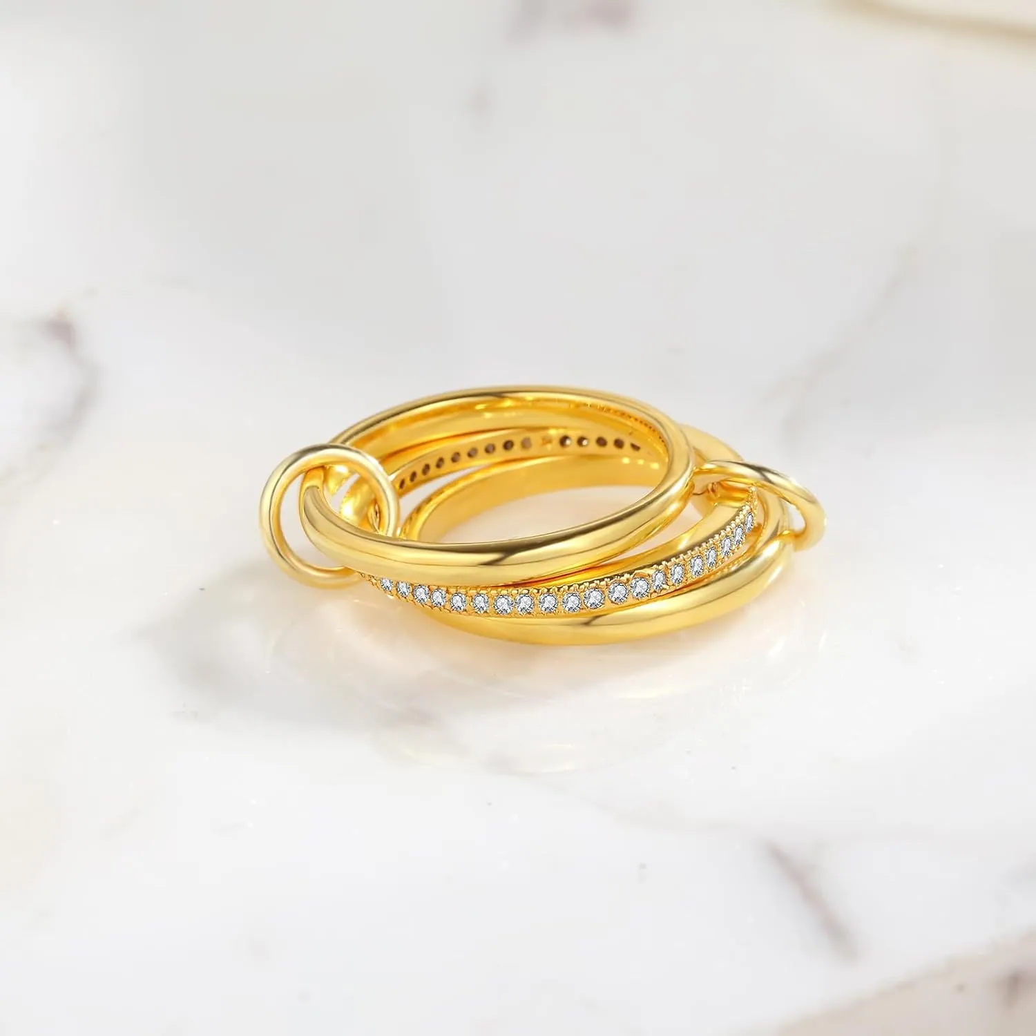 Silver Gold Stackable Rings for Women Non Tarnish, Two Tone Rings for Women Dainty Bands, 18k Gold Plated 3 Rings Set with CZ Cubic Zirconia Band for Casual to Formal Occasions