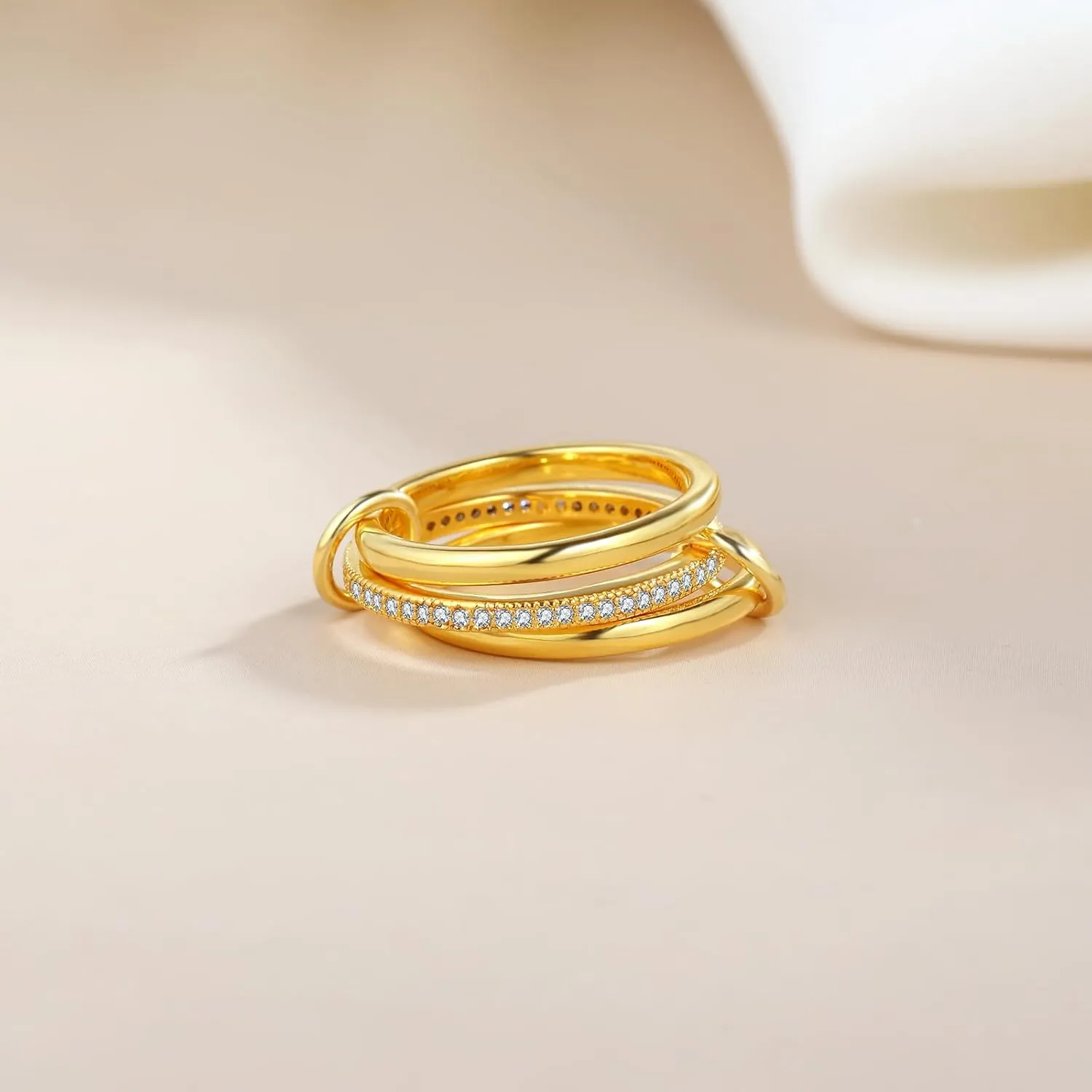 Silver Gold Stackable Rings for Women Non Tarnish, Two Tone Rings for Women Dainty Bands, 18k Gold Plated 3 Rings Set with CZ Cubic Zirconia Band for Casual to Formal Occasions