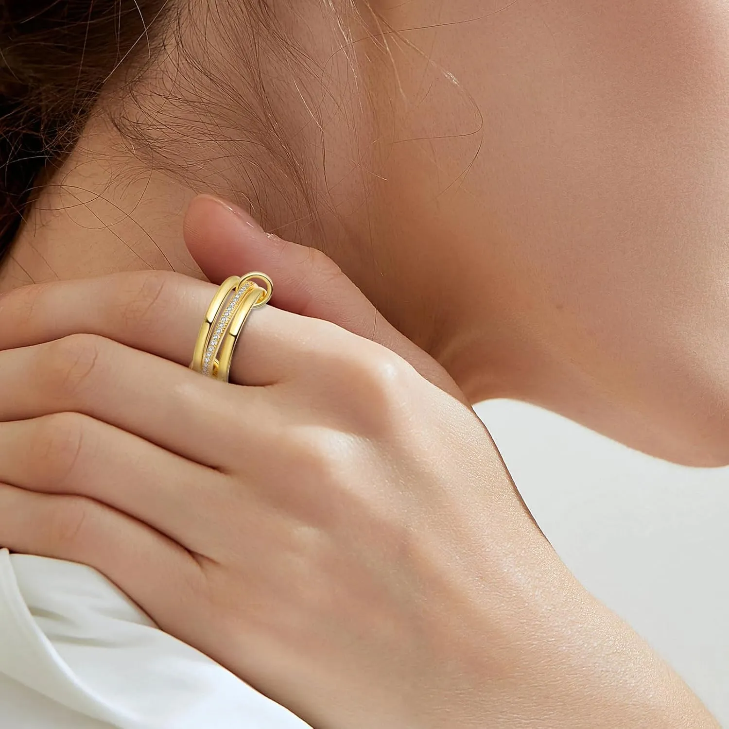 Silver Gold Stackable Rings for Women Non Tarnish, Two Tone Rings for Women Dainty Bands, 18k Gold Plated 3 Rings Set with CZ Cubic Zirconia Band for Casual to Formal Occasions