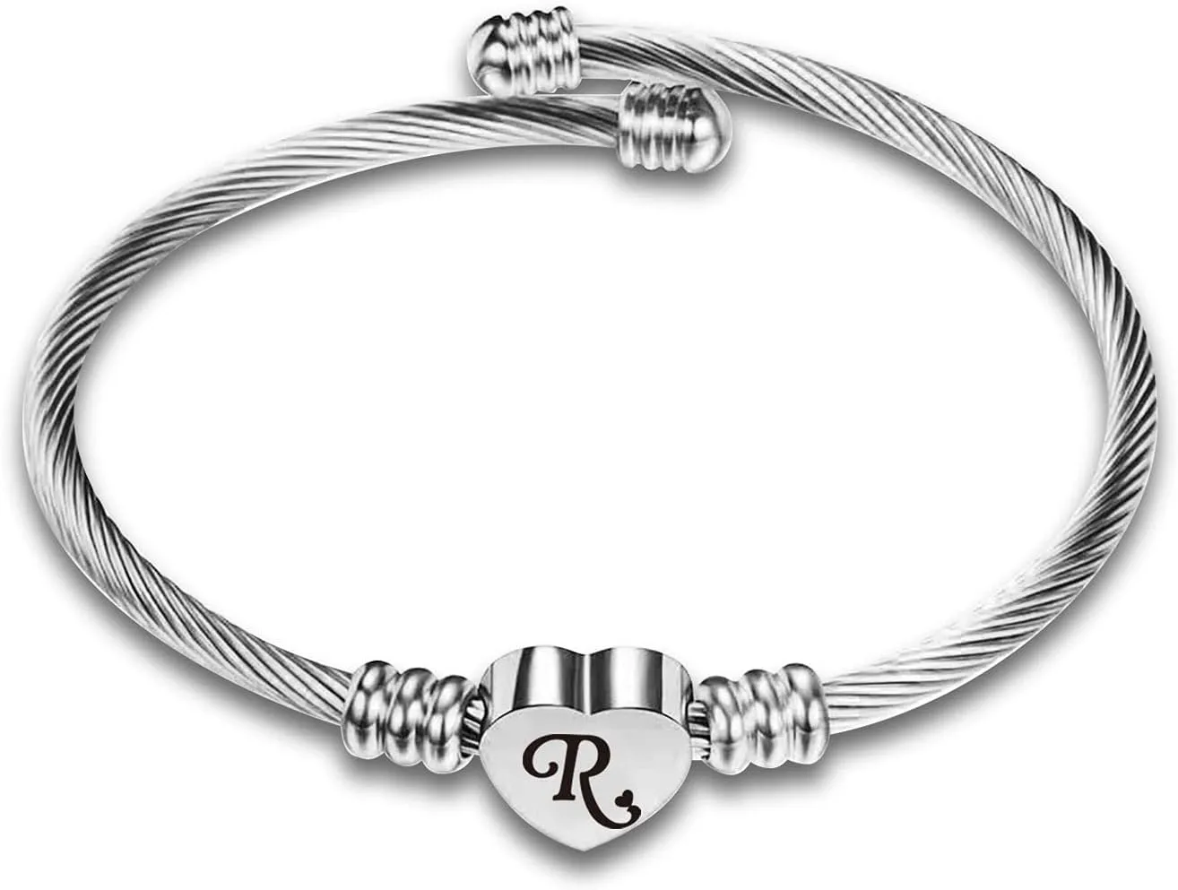 Silver Initial R Letter Cuff Bracelet for Women Heart Bangle Bracelet for Birthday Anniversary