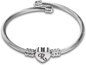 Silver Initial R Letter Cuff Bracelet for Women Heart Bangle Bracelet for Birthday Anniversary