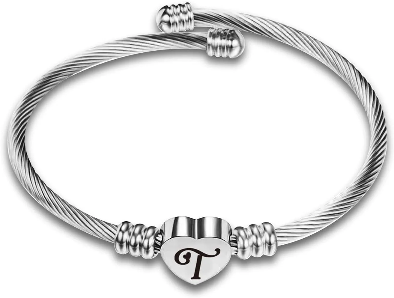 Silver Initial T Letter Cuff Bracelet for Women Heart Bangle Bracelet for Birthday Anniversary
