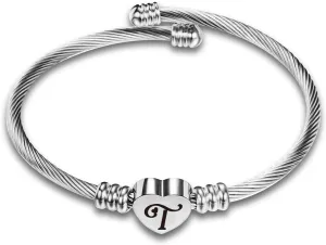 Silver Initial T Letter Cuff Bracelet for Women Heart Bangle Bracelet for Birthday Anniversary