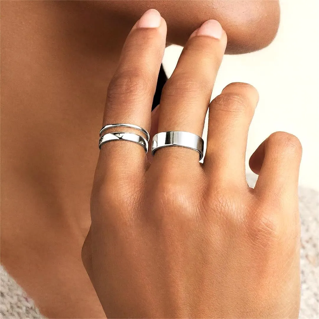 Silver Rings for Women Non Tarnish, Gold Wedding Bands for Men, Stainless Steel Chunky Knuckle Pinky Ring Set for Jewelry Gift Size 5-13
