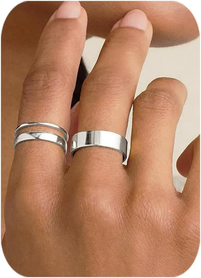 Silver Rings for Women Non Tarnish, Gold Wedding Bands for Men, Stainless Steel Chunky Knuckle Pinky Ring Set for Jewelry Gift Size 5-13