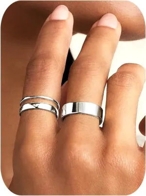Silver Rings for Women Non Tarnish, Gold Wedding Bands for Men, Stainless Steel Chunky Knuckle Pinky Ring Set for Jewelry Gift Size 5-13