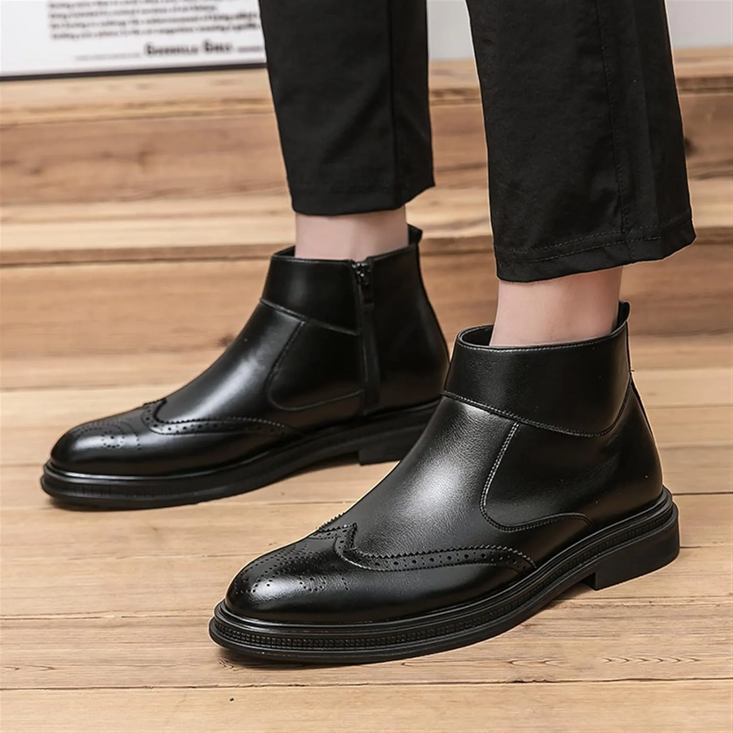 Single Season Men's Boots Carved Side Zipper PU Non-Slip Waterproof Wear-Resistant Formal Fashion Very Popular Among Young People (Color : Black, Size : 9.5)