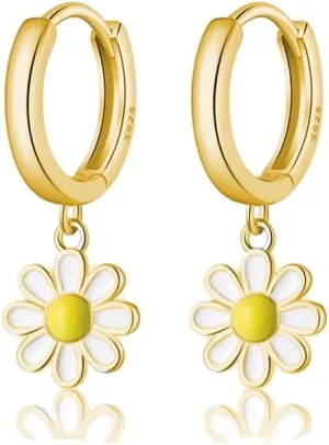 SLUYNZ 925 Sterling Silver Daisy Flower Hoop Earrings for Women Teen Girls Small Daisy Huggie Earrings Drop