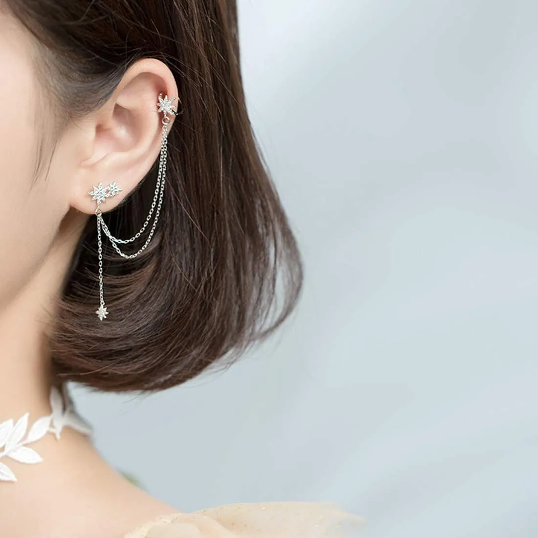 SLUYNZ 925 Sterling Silver Fashion Star Cuff Earring Chain for Women Star Crawler Earring Wrap Earrings