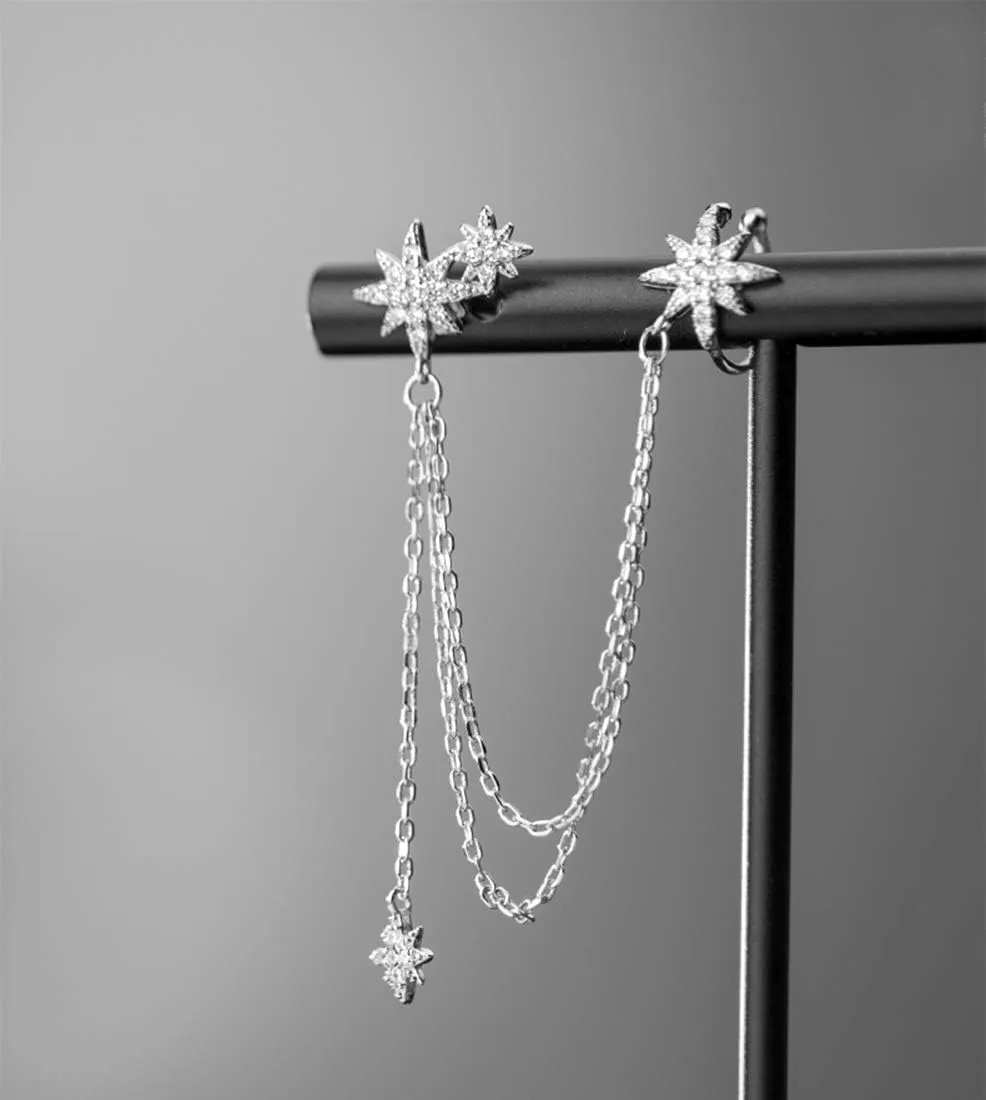 SLUYNZ 925 Sterling Silver Fashion Star Cuff Earring Chain for Women Star Crawler Earring Wrap Earrings