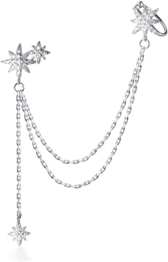 SLUYNZ 925 Sterling Silver Fashion Star Cuff Earring Chain for Women Star Crawler Earring Wrap Earrings