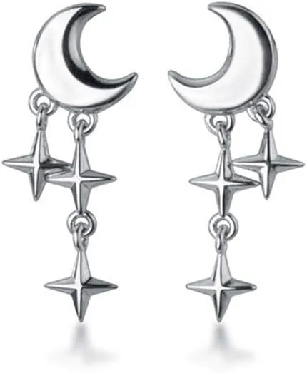 SLUYNZ 925 Sterling Silver Tiny Moon Star Earrings Studs for Women Teens Small Moon Studs Earrings Star Drop