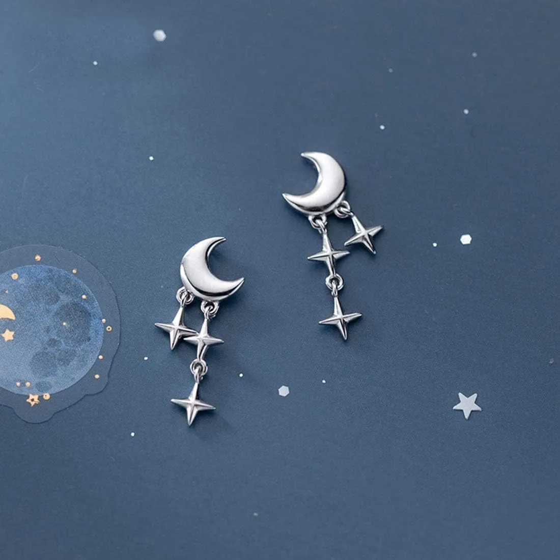 SLUYNZ 925 Sterling Silver Tiny Moon Star Earrings Studs for Women Teens Small Moon Studs Earrings Star Drop