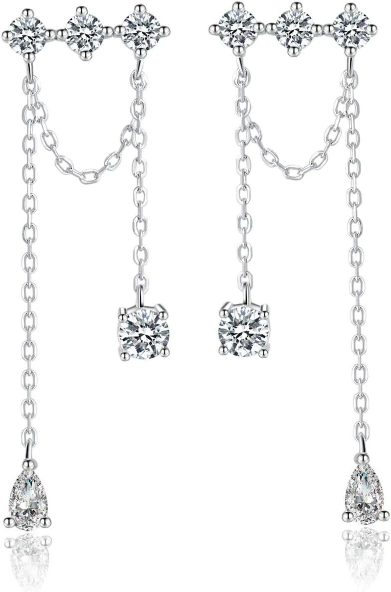 SLUYNZ Solid 925 Sterling Silver CZ Dangle Earrings for Women Teens Elegant Wedding Dangle Earrings Tassel Chain