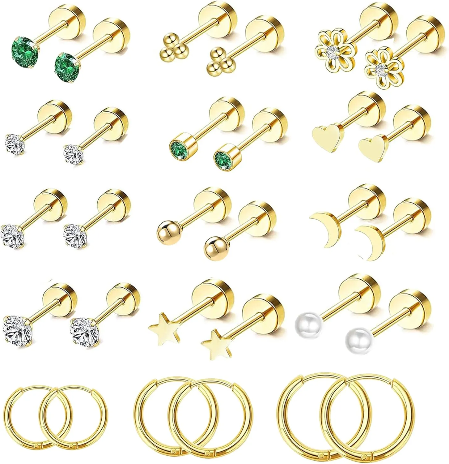 Small Hypoallergenic 14K Gold Flat Back Stud Earrings for Women Men Surgical Steel Cute Tiny Stack FlatBack Hoop Cartilage Earring Emerald Green Screw Back Lobe Helix Multiple Piercing Jewelry 20G