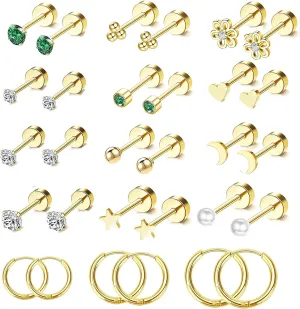 Small Hypoallergenic 14K Gold Flat Back Stud Earrings for Women Men Surgical Steel Cute Tiny Stack FlatBack Hoop Cartilage Earring Emerald Green Screw Back Lobe Helix Multiple Piercing Jewelry 20G