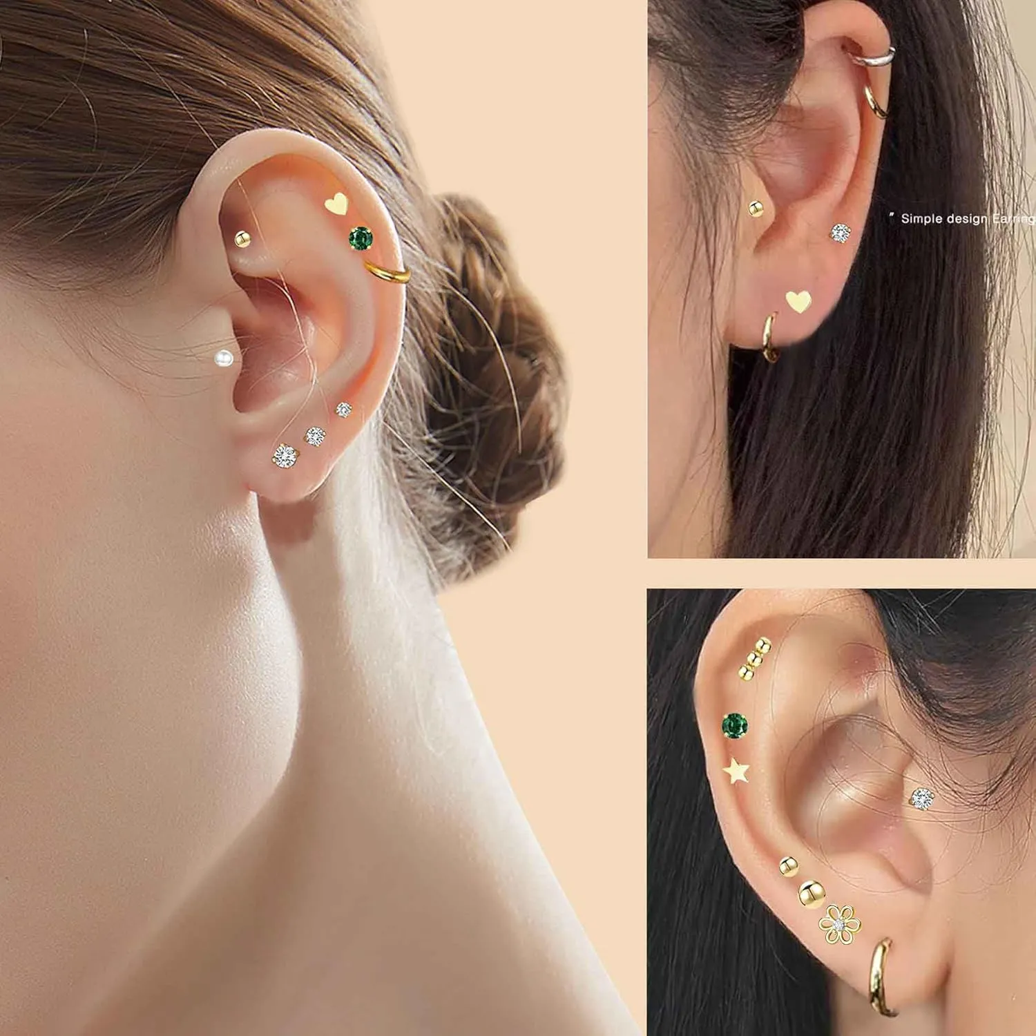 Small Hypoallergenic 14K Gold Flat Back Stud Earrings for Women Men Surgical Steel Cute Tiny Stack FlatBack Hoop Cartilage Earring Emerald Green Screw Back Lobe Helix Multiple Piercing Jewelry 20G