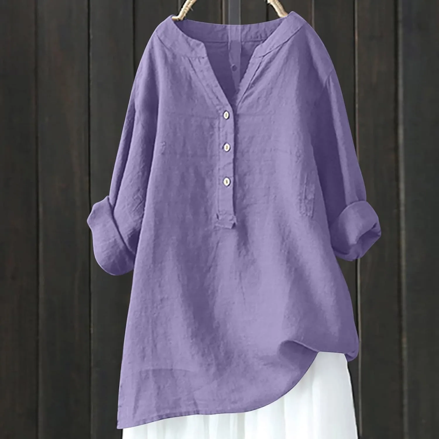 SMIDOW Linen Tops for Women Summer Plus Size Button Down Cotton Linen Shirts Long Sleeve v Neck Loose Comfy Blouse 2023